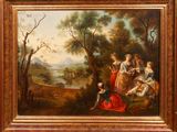 an oil painting of a family gathering in a wooded setting