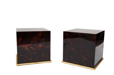 Paire de bouts de canapé carrés en résine façon écaille, bas… - Photo 1