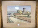 tableau représentant une scène de vie à la ferme avec un château d'eau au loin