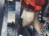 peinture abstraite représentant une femme coiffée d'un chapeau rouge et un paysage urbain