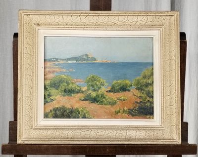 an oil painting of a view of a beach with a small island in the distance