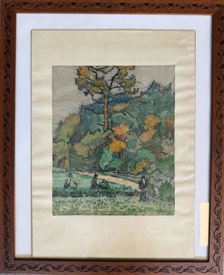painting of a landscape with a bench and trees in the background