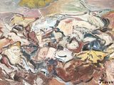 a painting of a group of people riding horses in a field