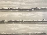 four different views of a mountain range with a boat in the water