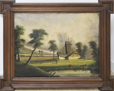 painting of a landscape with a windmill in the distance and a river in the foreground