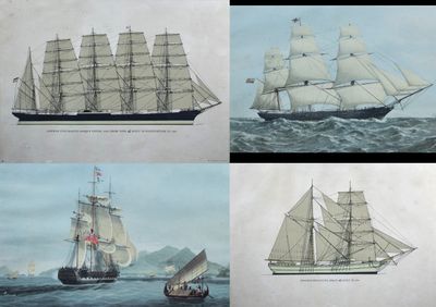 quatre vues différentes d'un navire en mer, entouré d'autres bateaux