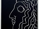 a black and white drawing of a woman ' s face