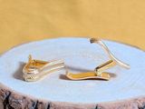 une paire de boucles d'oreilles en or posée sur une souche d'arbre
