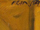 an oil painting of a yellow vase with writing on the side of it