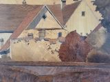 a picture of a painting of a bridge with a bird flying over it