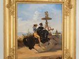 painting of a man riding a horse with a fountain in the background