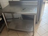 a stainless steel work table in a commercial kitchen
