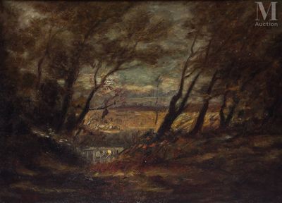 une image d'une peinture représentant un paysage avec des arbres et une rivière
