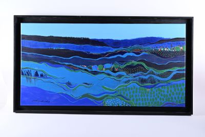 tableau représentant un paysage bleu avec des collines et des arbres au loin