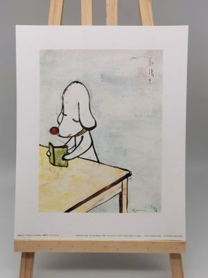 une image représentant un tableau où l'on voit un chien assis à une table avec une tasse de café