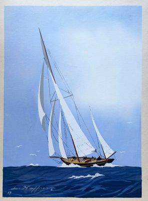 tableau représentant un voilier aux voiles blanches en pleine mer