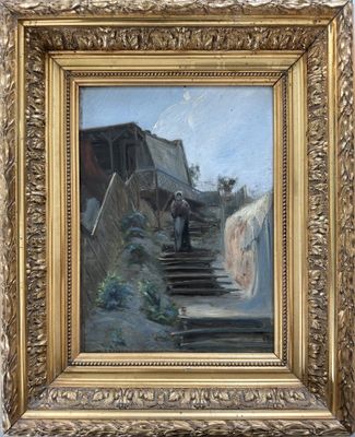 une image représentant un tableau où l'on voit un homme descendant un escalier