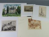 several drawings of a castle, a church, and a castle on a table