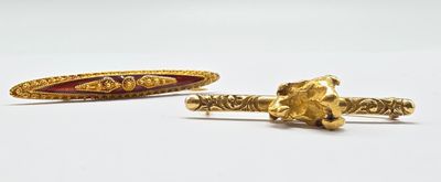 pair of gold and red enamel cufflinks and broocher