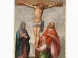 a painting of jesus on the cross with three women and a man