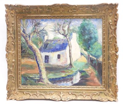 an oil painting of a white house with a blue roof and trees