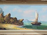 une peinture représentant un bateau sur l'eau, près d'une falaise