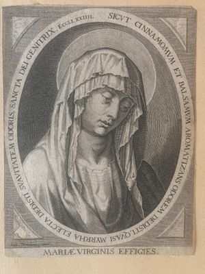 une vieille gravure représentant une femme portant un voile sur la tête