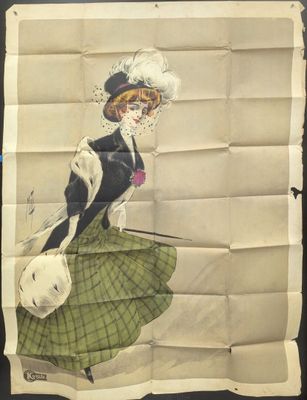 tableau représentant une femme en robe verte et chapeau, accompagnée d'un chien blanc