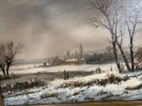 a painting of a winter scene with people walking in the snow