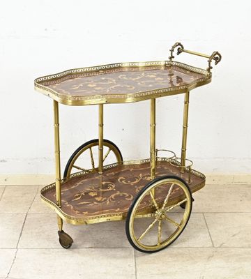 un chariot de bar ancien en laiton et marbre, muni de deux roues