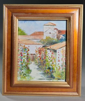 une peinture à l'huile représentant un jardin avec des fleurs et des bâtiments en arrière-plan