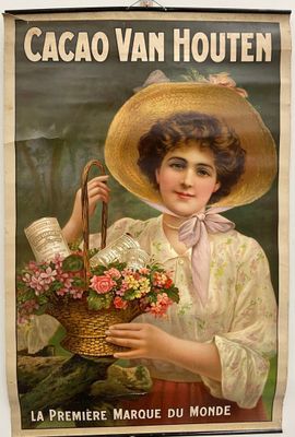tableau représentant une femme coiffée d'un chapeau de paille et tenant un panier de fleurs