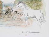 a drawing of a horse and a dog in a field