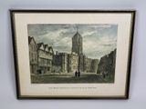 an old picture of a city street with buildings and a clock tower