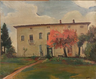 une peinture à l'huile représentant une maison avec un arbre rouge devant