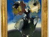 an oil painting of a vase with flowers in it on a table