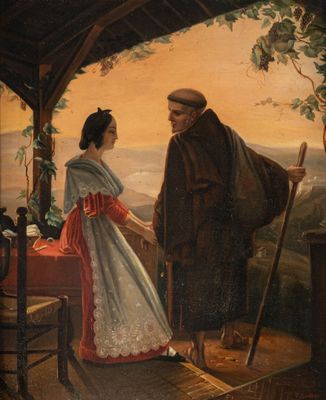 an old painting of a man and a woman standing in a covered area