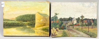 deux tableaux représentant un paysage rural avec une rivière et une maison