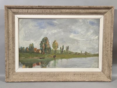 an image of a painting of a river with a house in the distance