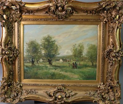 tableau représentant un paysage avec des vaches dans un pâturage près d'un arbre
