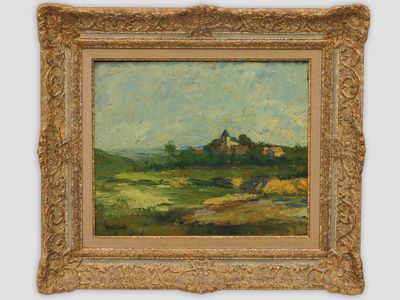 an oil painting of a landscape with a castle in the distance