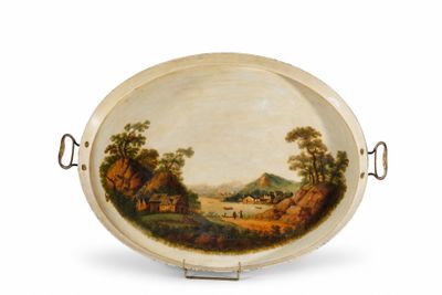 peinture représentant un paysage sur un plat, avec une maison au loin