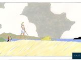 un dessin représentant un homme debout sur une plage, avec un bateau dans l'eau