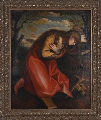 une image représentant un tableau où l'on voit une femme à genoux, la tête entre les mains