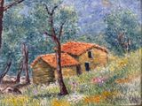 a painting of a house in the middle of a field
