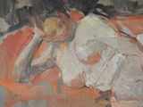 a painting of a woman laying down on a bed