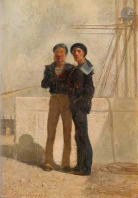 tableau représentant deux hommes debout côte à côte devant un bateau