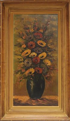 a painting of flowers in a vase on a table