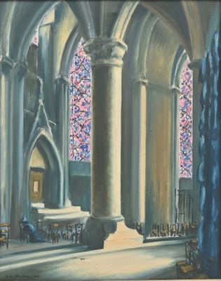 an oil painting of a church with columns and stained glass windows