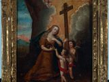 an oil painting of a woman holding a cross with two children